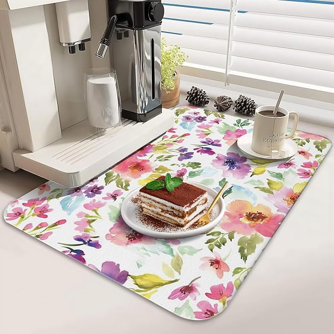 Dish Drying Mat for Kitchen Counter 2 Pack with Non-Slip Rubber Backing - Heat-Resistant Absorbent Coffee Bar Mat, Dish Rack Mat, Watercolor Flower Dish Drying Mats 18x24+19.5x12 inch