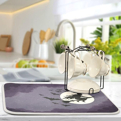 Halloween Flying Witch Drying Matt Absorbent Kitchen Mat Dishes Drying Mat Xl 18 x 24 Dish Drainer Mat for Kitchen Counter Dish Drying Matt