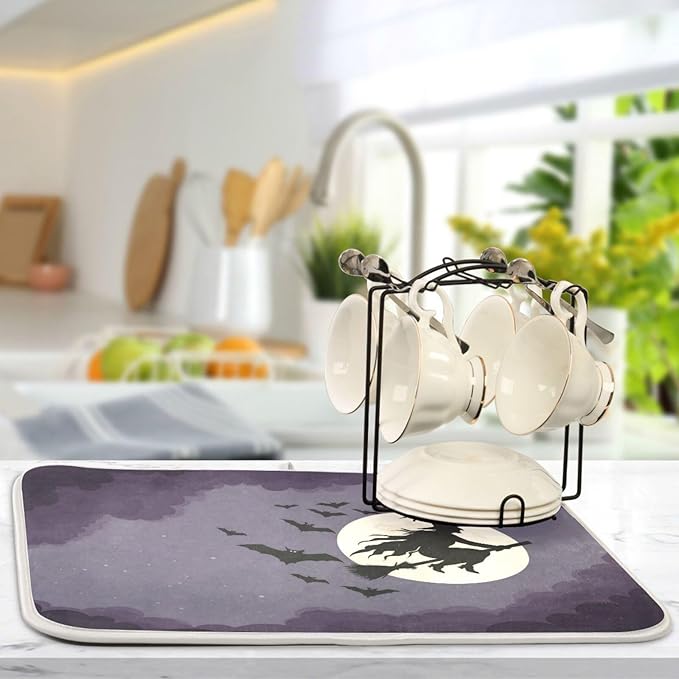 Halloween Flying Witch Oversized Dish Drying Mat Dish Drying Pad for Kitchen Counter Heat Resisant Mat 16 x 18 Drying Matt