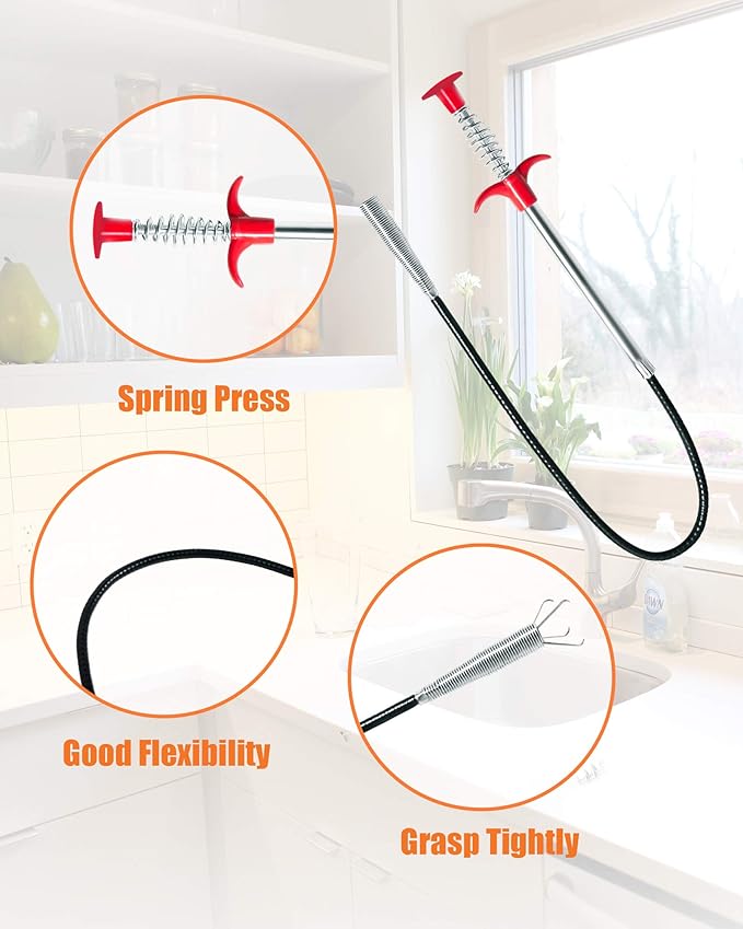Hair Drain Clog Remover Tool – 6 × 25-Inch Sink Snake + 1 × 24-Inch Drain Cleaner Tool, Plumbing Snake for Shower, Toilet, Kitchen Sink & Tub – 7-Piece Hair Removal Tool Set