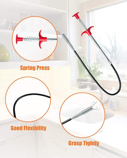 Hair Drain Clog Remover Tool – 6 × 25-Inch Sink Snake + 1 × 24-Inch Drain Cleaner Tool, Plumbing Snake for Shower, Toilet, Kitchen Sink & Tub – 7-Piece Hair Removal Tool Set