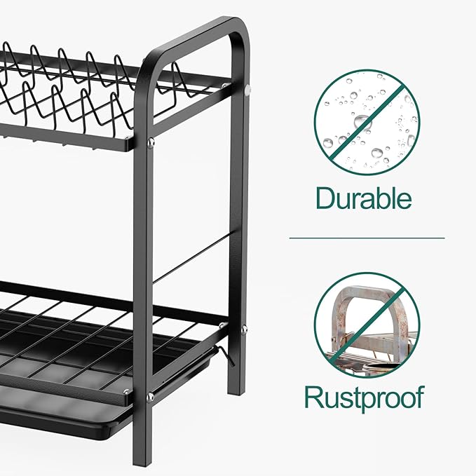 GSlife Dish Drying Rack, 2 Tier Rust-Resistant Dish Rack with Drainboard Compact Dish Drainer with Utensil Holder, Cutting Board Holder for Kitchen Counter, Black