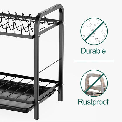 GSlife Dish Drying Rack, 2 Tier Rust-Resistant Dish Rack with Drainboard Compact Dish Drainer with Utensil Holder, Cutting Board Holder for Kitchen Counter, Black