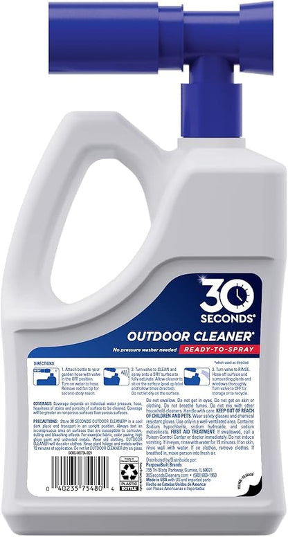 30 Seconds Outdoor Cleaner | Cleans Moss Stains from House, Vinyl Siding, Deck, Patio, Fence - 3 Capped Bottles, 1 Hose End Spray Attachment (64 Fl Oz (Pack of 3)