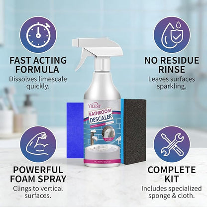 2026 New Multipurpose Bathroom Descaler Foam Cleaner 300ML – No-Rinse Formula with Cleaning Cloth & Sponge, Powerful Limescale Remover for Bathtub, Shower, Taps, Glass, and Tiles