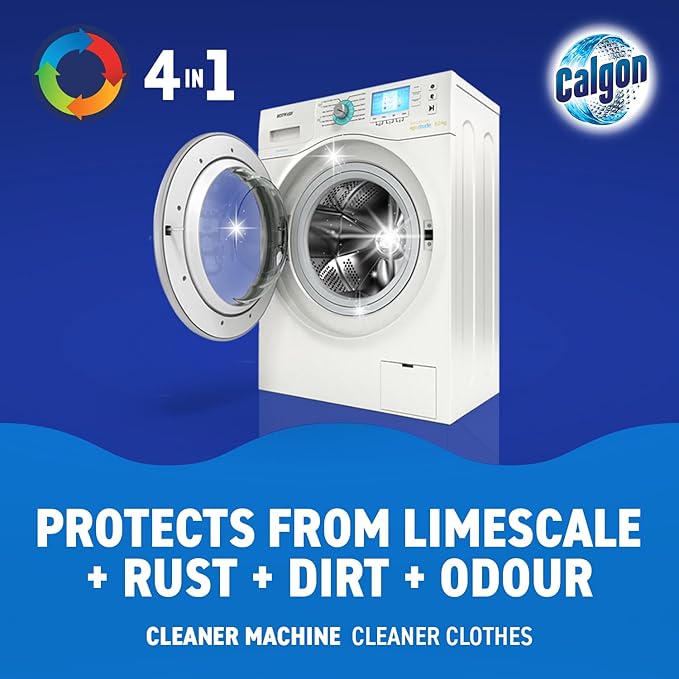 Calgon 4-in-1 Washing Machine Cleaner and Water Softener Tablets, 75 Count, Removes Limescale, Residue, Dirt, Rust & Malodours, Deep Clean, XL Pack Size