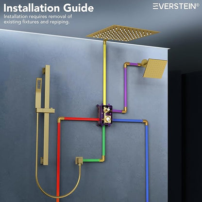 Celling Mount 64 Color LED Mood Lighting Dual Rainfall Shower Head Faucet, 12 Inch Rainfall Shower System (Brushed Gold)