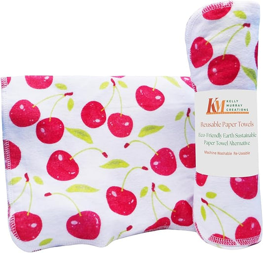Pack of 10 Reusable Paper Towels | 10x10 Inch Cotton Towels | Kitchen Utensils Print | Eco Friendly, Washable, Quick Drying | Sustainable Cleaning Cloths | Cherries
