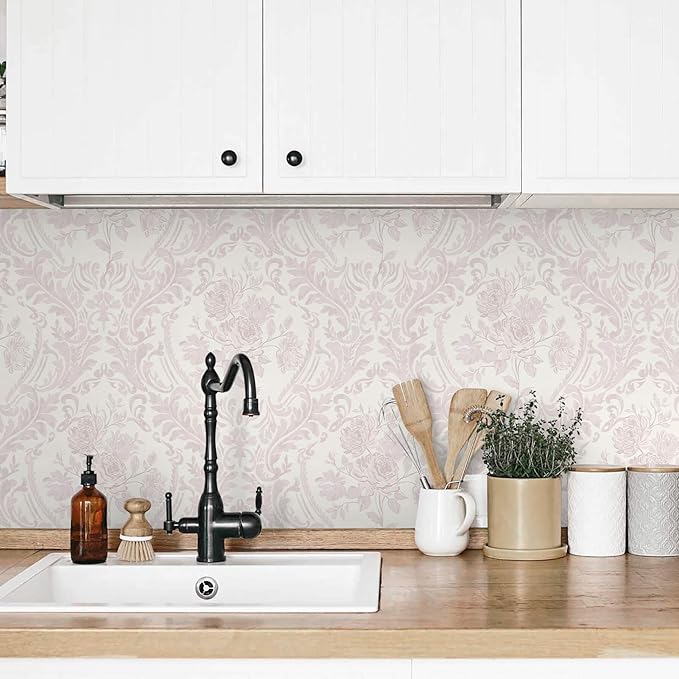 Ismoon Peel and Stick Wallpaper Vintage Floral Contact Paper Boho Watercolor Pink Damask Wallpaper Textured Removable Self Adhesive Vinyl Wall Paper for Bedroom, 17.3 in X 6.5 ft