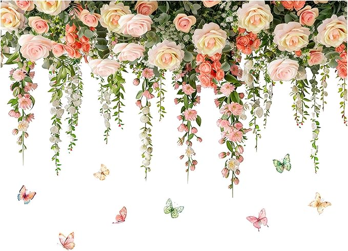 Vivid Roses Wall Stickers, Hanging Vine Floral Wall Decals Butterfly Sticker, Peel and Stick Wallpaper for Baby Nursery Girls Bedroom Living Room Decor