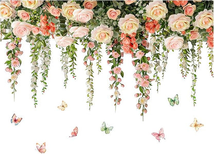Vivid Roses Wall Stickers, Hanging Vine Floral Wall Decals Butterfly Sticker, Peel and Stick Wallpaper for Baby Nursery Girls Bedroom Living Room Decor