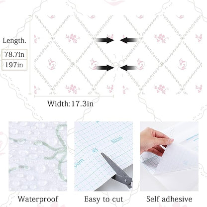 GloryTik Vintage Floral Wallpaper Peel and Stick, Removable Pink Flowers Contact Paper, Self Adhesive Wall Paper for Bedroom Living Room Cabinets Bedroom Vinyl Rolls (17.3" x 197")