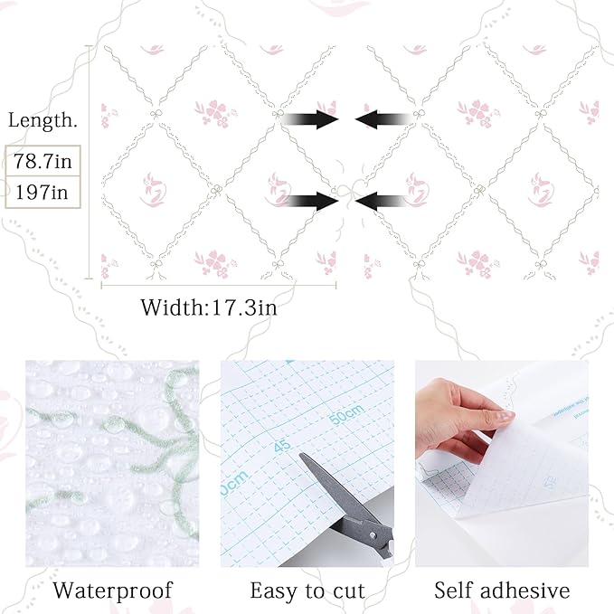 GloryTik Vintage Floral Wallpaper Peel and Stick, Removable Pink Flowers Contact Paper, Self Adhesive Wall Paper for Bedroom Living Room Cabinets Bedroom Vinyl Rolls (17.3" x 78.7")