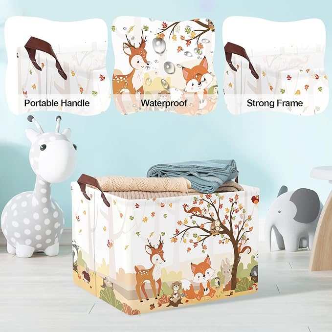 Clastyle Autumn Forest Animals Baby Laundry Hamper Maple Tree Kid Storage Basket Boys Girls Gift Toy Box Collapsible Clothes Organizer Nursery Bin for Bedroom,Fox Squirrel,40 * 30 * 30 cm
