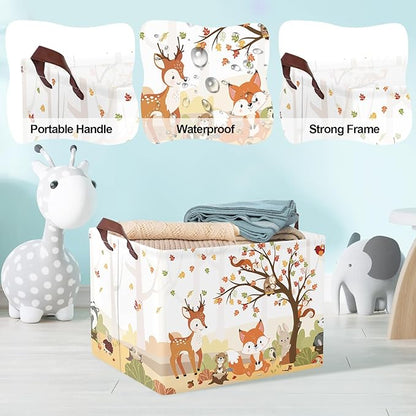 Clastyle Autumn Forest Animals Baby Laundry Hamper Maple Tree Kid Storage Basket Boys Girls Gift Toy Box Collapsible Clothes Organizer Nursery Bin for Bedroom,Fox Squirrel,40 * 30 * 30 cm