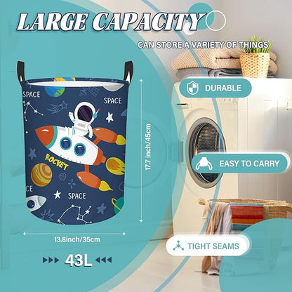 Rocket Laundry Hamper, 43L Round Rocket Laundry Basket, Waterproof Collapsible Storage Organizer Bin with Handles for Toys, Nursery Home Storage, Gift for Chritsmas Thanksgiving 13.8x17.7in