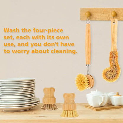 Bamboo Dish Brushes Sets 4 Tools in One Kitchen Clean Dish Scrubber for Pots Pans Bottles with Natural Bristles (Bamboo Brushes Sets)