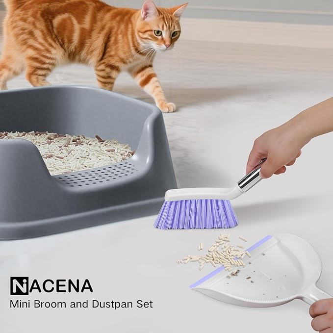 NACENA Mini Broom and Dustpan Set 2 Packs, Small Dust Pan and Brush Set with Handle Dustpan Teeth for Cleaning Hair Suitable for Office Desks Drawers Sofas Outdoor Camping, Light & Purple