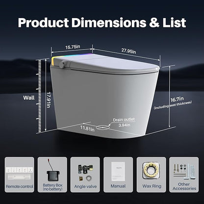 Luxury Smart Toilet with Built-in Tank & Bidet– Ultra-Quiet 4s Flush, Foam Shield for Splash-Free, Auto Open/Close Lid, Foot Sensor, Dual User Memory, 12” Rough-In One-Piece Elongated(ZY760A)