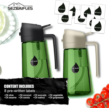 2 in 1 Oil Sprayer for Cooking, Olive Oil Dispenser Bottle for Kitchen Spray and Pour, 16oz/470ml Light-Blocking Dark Green Glass Bottle, Food-Grade Oil Mister for Air Fryer Green Cap