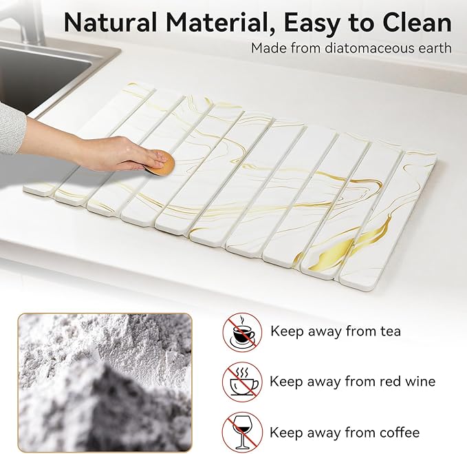 Stone Drying Mat for Kitchen Counter, 24"×16" White Marble Quick Dish Drying Mat with Sanding Pads Non-Slip Roll Up Absorbent Diatomaceous Earth Mat for Countertop, Tableware, Cups
