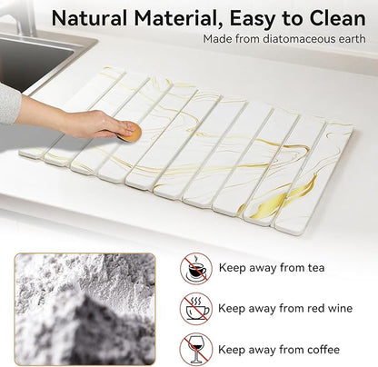 Stone Drying Mat for Kitchen Counter, 24"×16" White Marble Quick Dish Drying Mat with Sanding Pads Non-Slip Roll Up Absorbent Diatomaceous Earth Mat for Countertop, Tableware, Cups