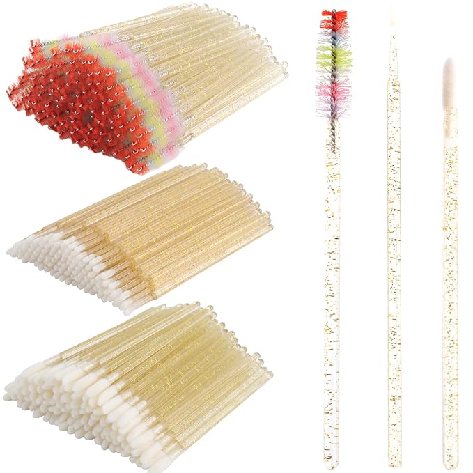 300 PCS Eyelash Extension Supplies Kit, Disposable Micro Applicator,Crystal Eyebrow Spoolie Lash Brush, Lip Gloss Brush, Mascara Wand Applicator(colorful+gold)