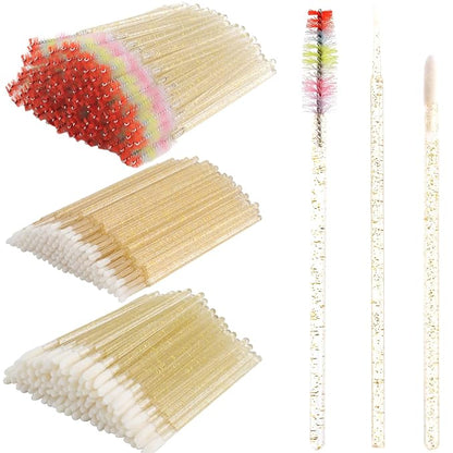 300 PCS Eyelash Extension Supplies Kit, Disposable Micro Applicator,Crystal Eyebrow Spoolie Lash Brush, Lip Gloss Brush, Mascara Wand Applicator(colorful+gold)