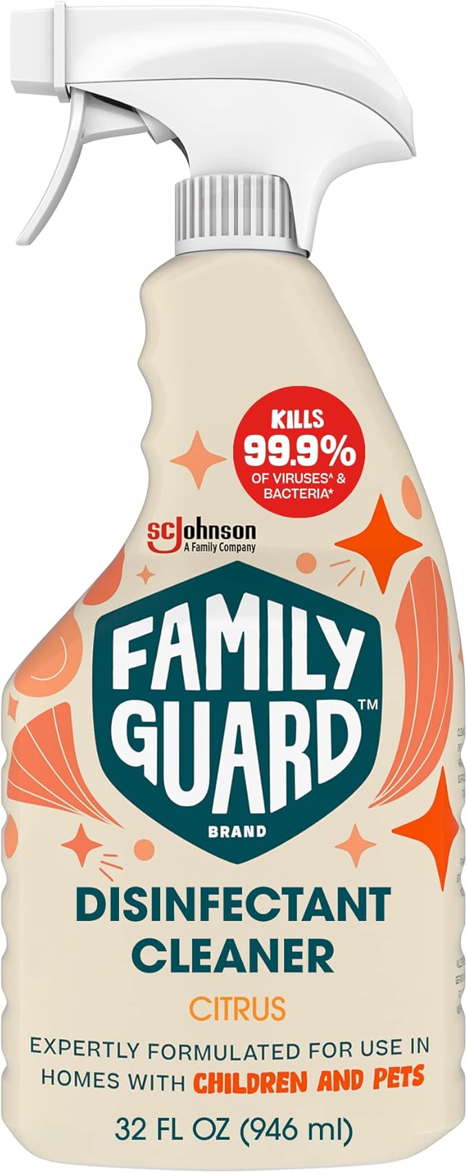 FAMILYGUARD Brand Disinfectant Spray Trigger & Multi Surface Cleaner, Antibacterial Spray, Expertly Formulated for Use In Homes with Children & Pets, Citrus Scent, 32 oz (Pack of 1)