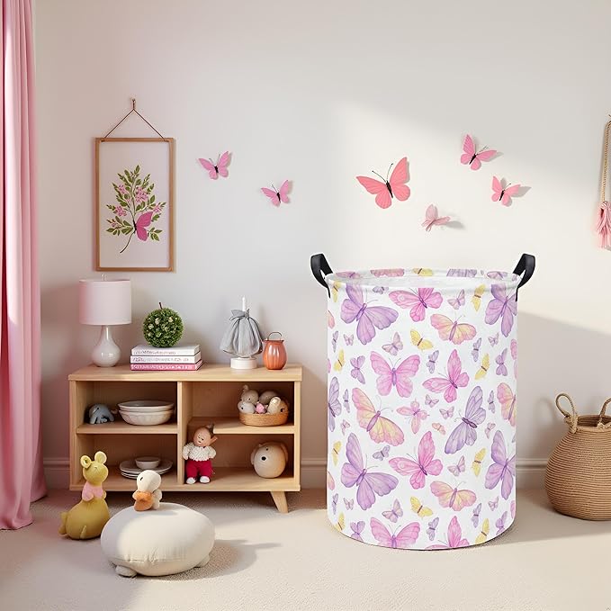 Baby Laundry Hamper kids laundry Basket Waterproof Storage Bin for Bedroom Toy Clothes Organizer Basket Woodland Animals Room Décor(Pink Butterfly)