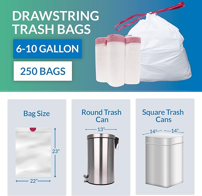 6-10 Gallon Trash Bags Drawstring | 250 Count | 22"x23" | 6, 8, 10 Gallon Drawstring Garbage Bags | White Trash Can Liners | Small - Medium