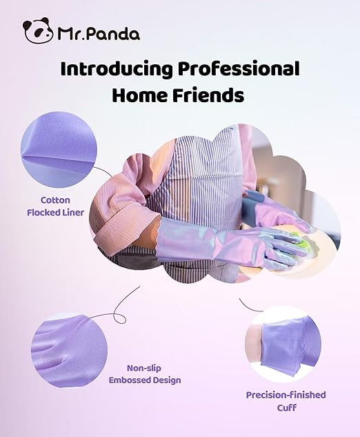 Mr.Panda Skin-Friendly Flocked Cotton Liner Cleaning Gloves Small, Reusable Dishwashing Gloves for Washing Dishes, Kitchen, Shimmering Pink