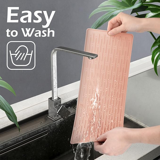 GeeRic Dish Drying Mats, Heat-resistant Silicone Mat for Kitchen Counter, Non-Slip Dish Dry Mat Dishwasher Safe Large, Pink