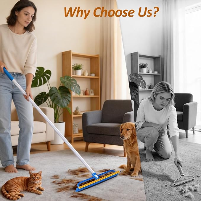 Topmart Carpet Rake with 60" Adjustable Handle, Cat Dog Carpet Rake Scraper for Rugs, Mats, Reusable Pet Hair Remover with 1 Silicone Removal Brush