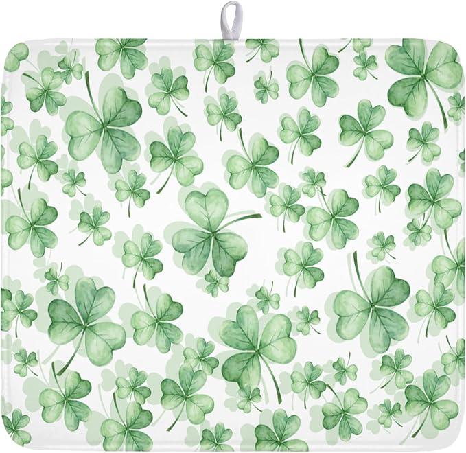 St Patrick's Day Dish Drying Mat for Kitchen Counter,Green Lucky Charm Shamrocks Drying Mat 16 x 18 Inch with High Absorbent Microfiber Drainer Mat for Coffee Bar
