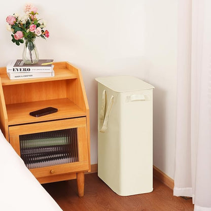 efluky Slim Laundry Basket with Lid, Narrow Laundry Hamper with Handles, Collapsible Dirty Clothes Hamper, Tall Laundry Bin for Laundry Room, Dorm and Bedroom, 55L Beige