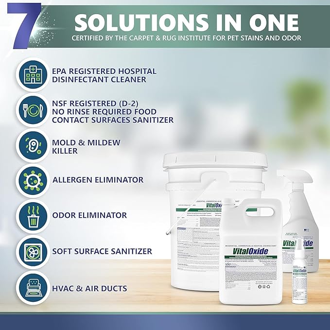 Vital Oxide Disinfectant, Deodorizer, Cleaner, Food-Contact Sanitizer, Virucide – (EPA registration #82972-1) – Kills Mold & Mildew, Eliminates Odors – 1 Gallon, 32 oz, & 3 oz