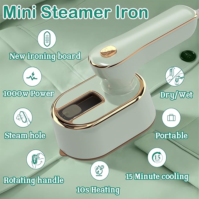 Travel Steamer Iron for Clothes Mini - Portable Ironing Machine Travel Small Size Portable Steamer Travel College Dorm Home Essentials (MintGreen)