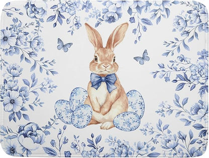 Easter Large Dish Drying Mat Blue Flower Rabbit Holiday Decorative Kitchen Countertop Mats 18x24