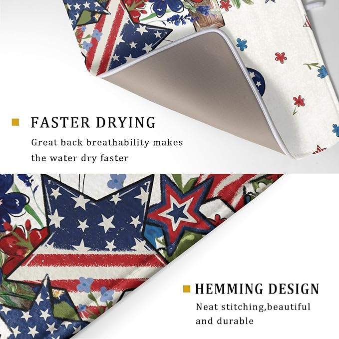 Star Floral Patriotic 4th of July Dish Drying Pad 18 x 24 Inch With Absorbent Reversible Microfiber Memorial Day Drying Mats Dish Drainer Mat Fast Dry For Kitchen Dining Room Decoration