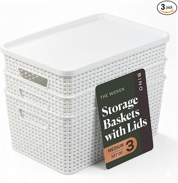 BINO | Plastic Storage Baskets with Lids, 15.5 Liter - 3 Pack, White | THE WOVEN COLLECTION | Storage Basket for Shelves Woven Storage Baskets for Organizing Bins Pantry Shelf Organizer Container Bin