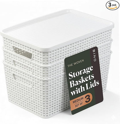 BINO | Plastic Storage Baskets with Lids, 15.5 Liter - 3 Pack, White | THE WOVEN COLLECTION | Storage Basket for Shelves Woven Storage Baskets for Organizing Bins Pantry Shelf Organizer Container Bin