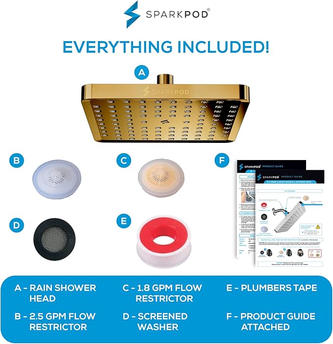 SparkPod Shower Head - High Pressure Rain - Premium Quality Luxury Design - Easy Clean Adjustable Replacement for Your Bathroom Shower Heads (Egyptian Gold, 8 Inch Square)