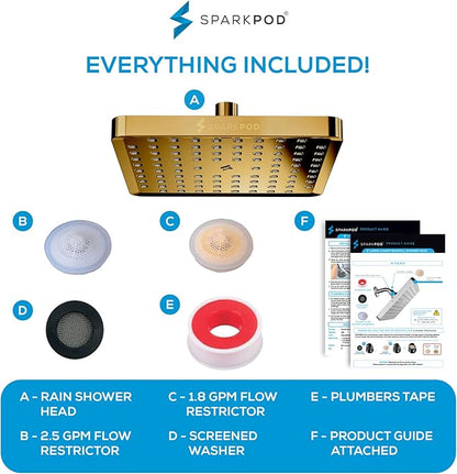SparkPod Shower Head - High Pressure Rain - Premium Quality Luxury Design - Easy Clean Adjustable Replacement for Your Bathroom Shower Heads (Egyptian Gold, 8 Inch Square)