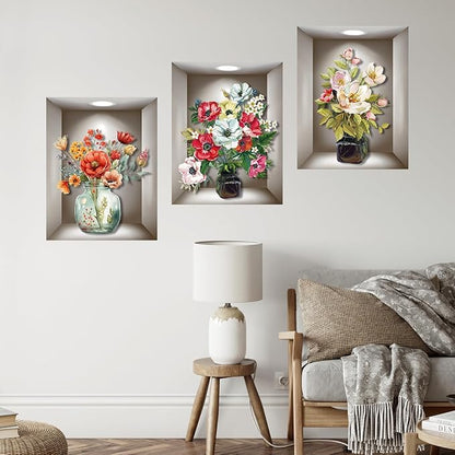 Supzone 3D Vase Wall Stickers - 3 Pcs Vintage Flower Wall Art, Colorful Floral Blossom Wall Decals, Self-Adhesive for Bedroom, Living Room, Sofa Backdrop, Yoga Room