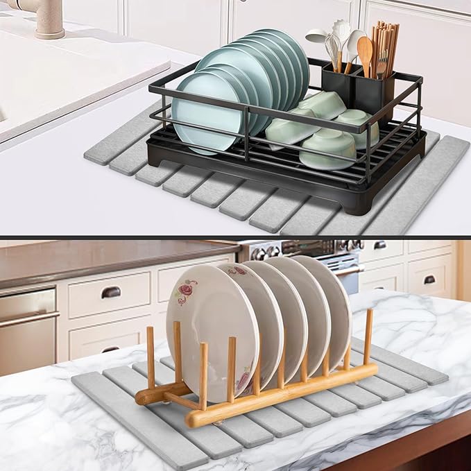 Large Stone Dish Drying Mats for Kitchen Counter, 24"(L)×16"(W) Collapsible Quick Dry Dish Drying Mat, Eco-Friendly Absorbent Diatomaceous Earth Mat for Dishes Bottles Cups, Match Any Countertop