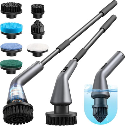 VICNOVA Electric Spin Scrubber, IPX7 Waterproof 2-Speed, Extendable Long Handle Cordless Cleaning Brush with 7 Replacement Brush Heads for Bathroom Shower Bathtub Glass Tub Tile Floor Car