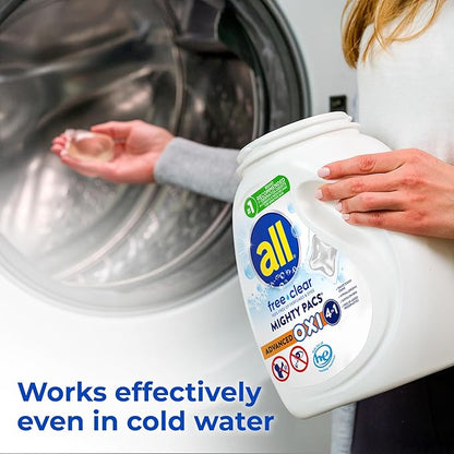 all Laundry Detergent Pacs, Mighty Pacs with OXI Stain Removers and Whiteners, Free Clear, Unscented and Dye Free, 56 Count