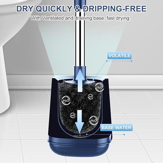 SetSail Toilet Brush and Holder 4 Pack, Self Closing Lid Toilet Bowl Brushes Holder Extra Long Handle Ventilated Toilet Brush Set for Bathroom Cleaning, Nylon Bristles, Dark & Blue