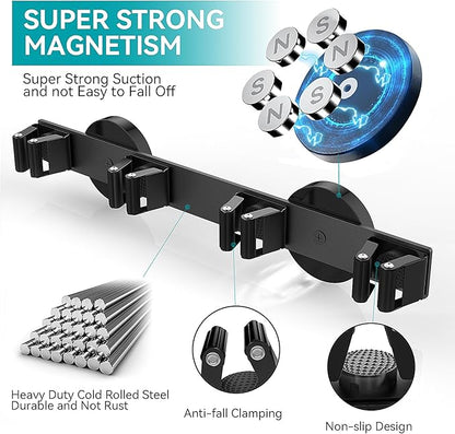 Magnetic Mop Broom Holder, Strong Non Slip Magnetic Broom Mop Hanger, Heavy Duty Magnetic Hooks For Hanging Shovel Rake Tools, Wall Mounted Utility Storage Magnet Rack 4 Rack